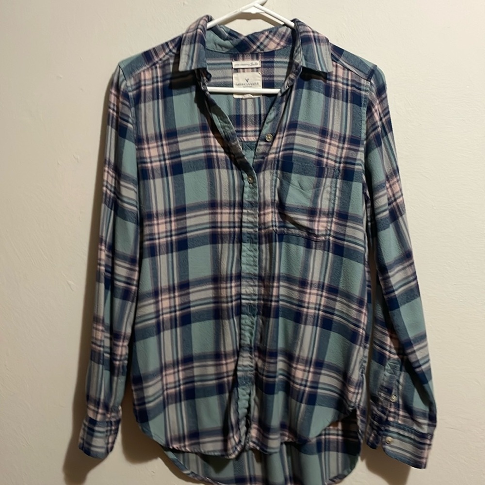 American Eagle boyfriend fit flannel button down. Teal, navy and purple. Size S